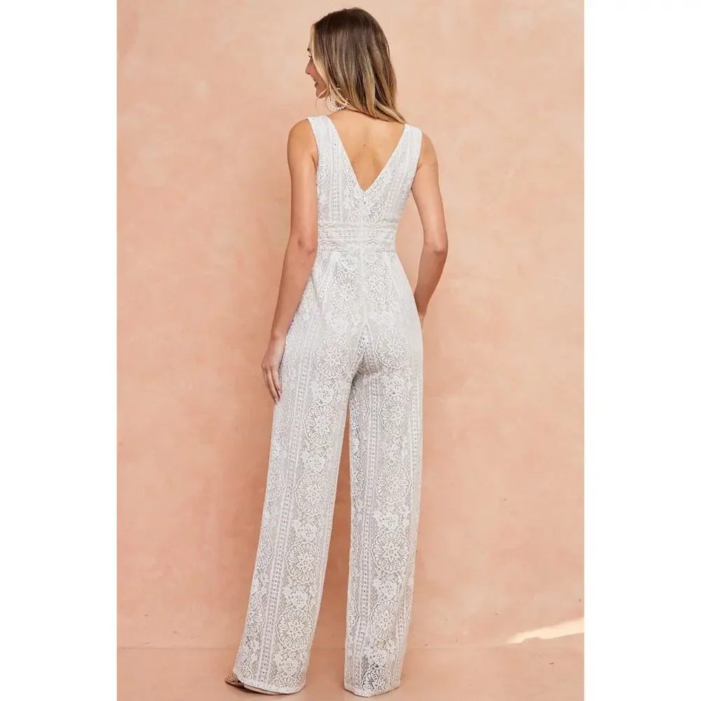 Fashion Nova So In Love Lace Sleeveless Jumpsuit Size L Large Ivory - Picture 4 of 8